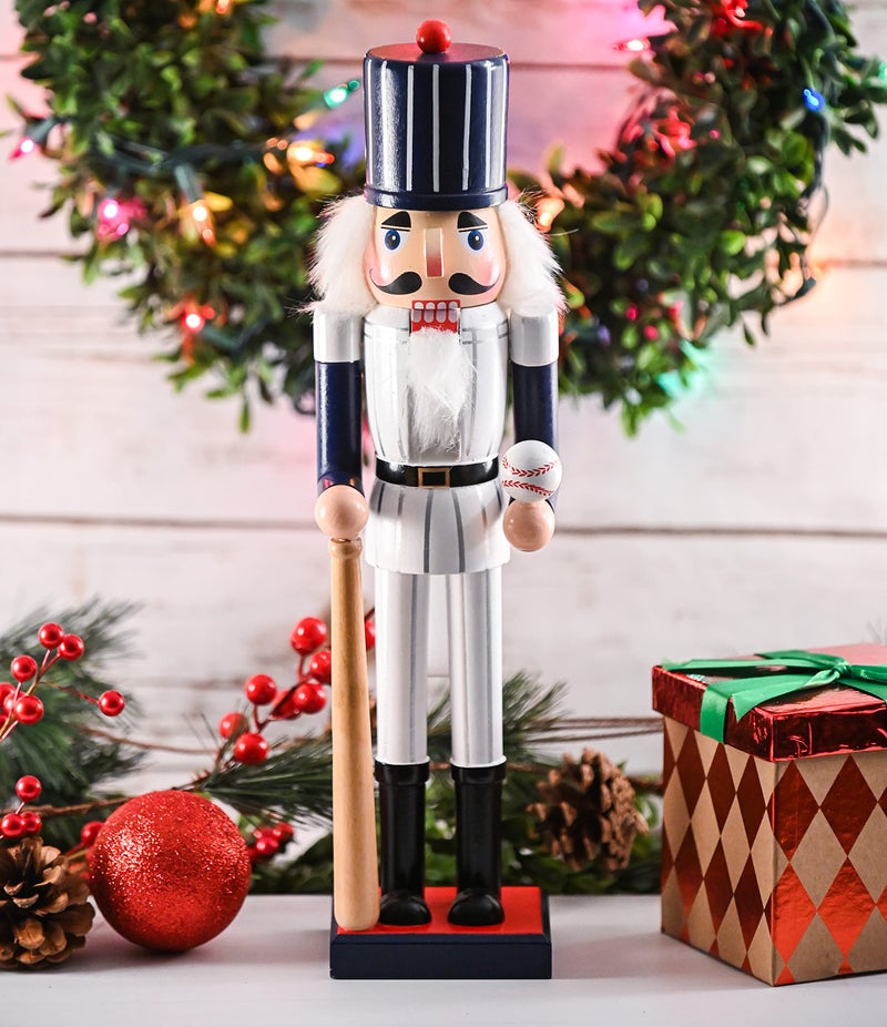 Ornativity Christmas Baseball Player Nutcracker - Baseball Player Figure with White Pin Stripe Uniform and Bat Xmas Sports Holiday Decor Nutcracker 15" - Image 3